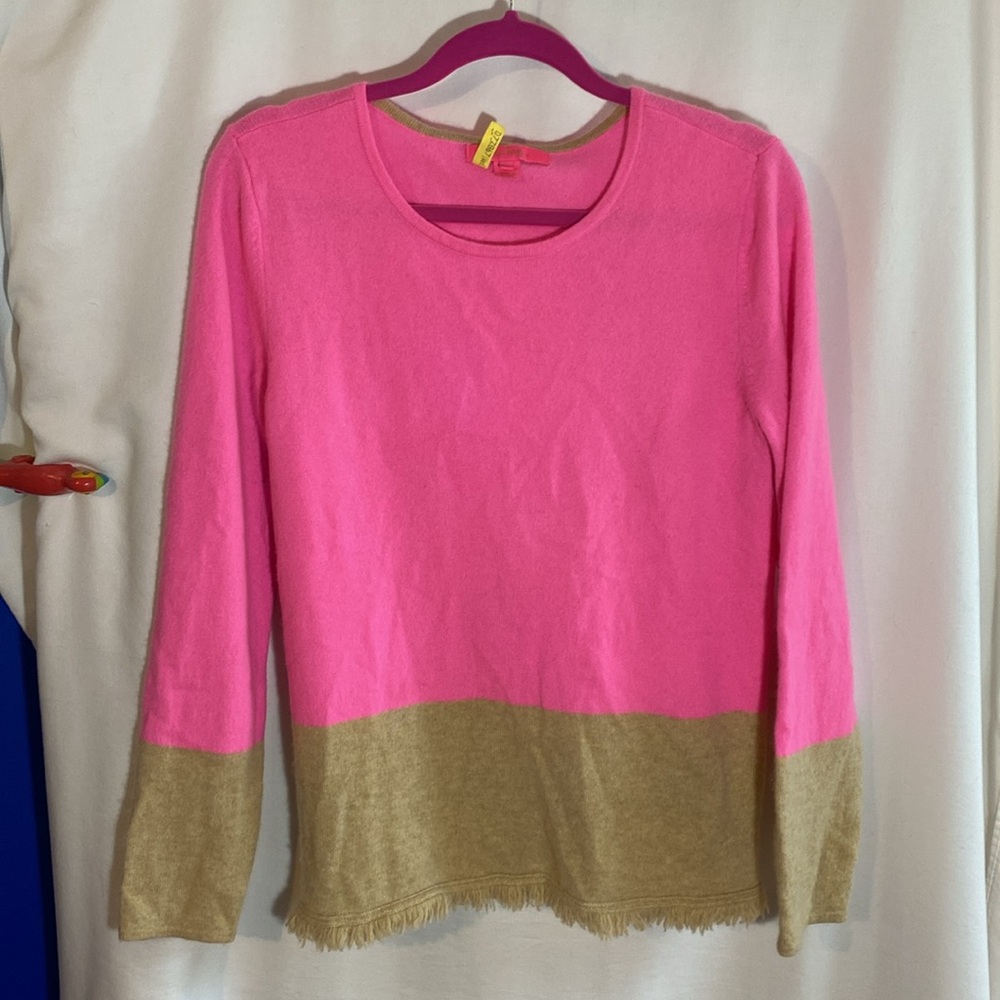 Lilly Pulitzer RICA Cashmere Sweater Pink Tropics, Size Large raw hem